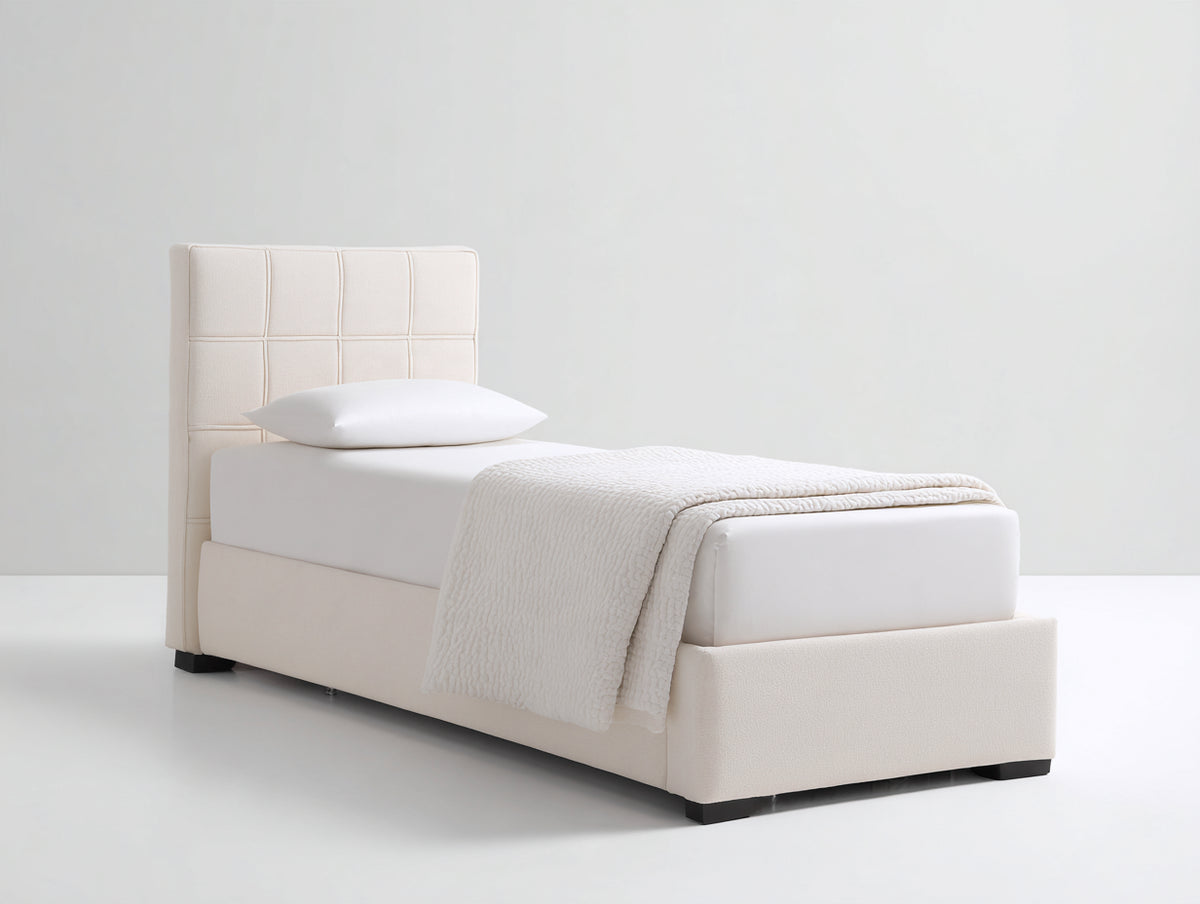 Letto singolo - Tessuto-Legno - 200 x 96 x 105 cm - Beige - Stile contemporaneo imbottito