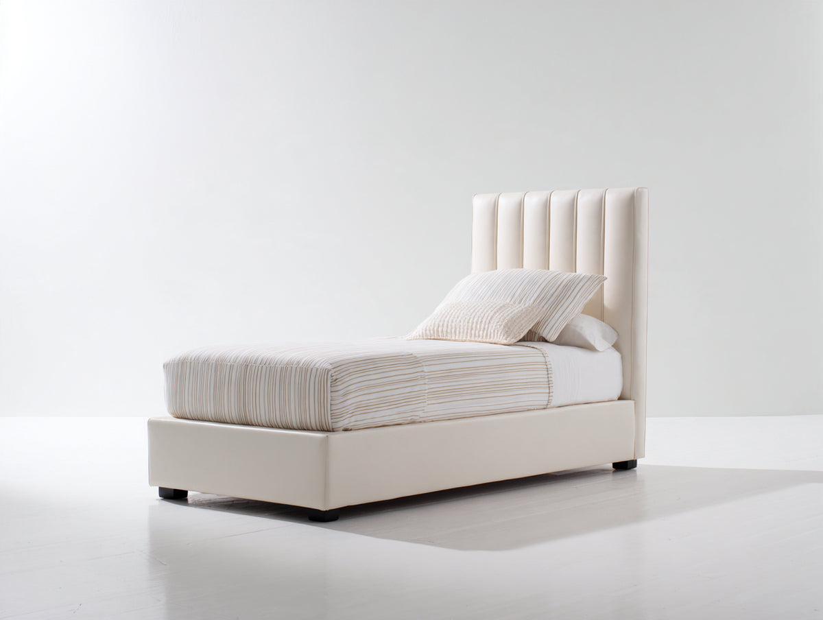 Letto singolo - Ecopelle-Legno - 200 x 96 x 115 cm - Crema - Stile moderno con testiera a canali verticali