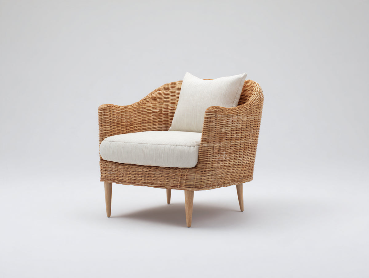 Poltrona da giardino - Fibra intrecciata-Tessuto - 82 x 80 x 85 cm - Marrone naturale-Bianco crema - Design moderno curvo