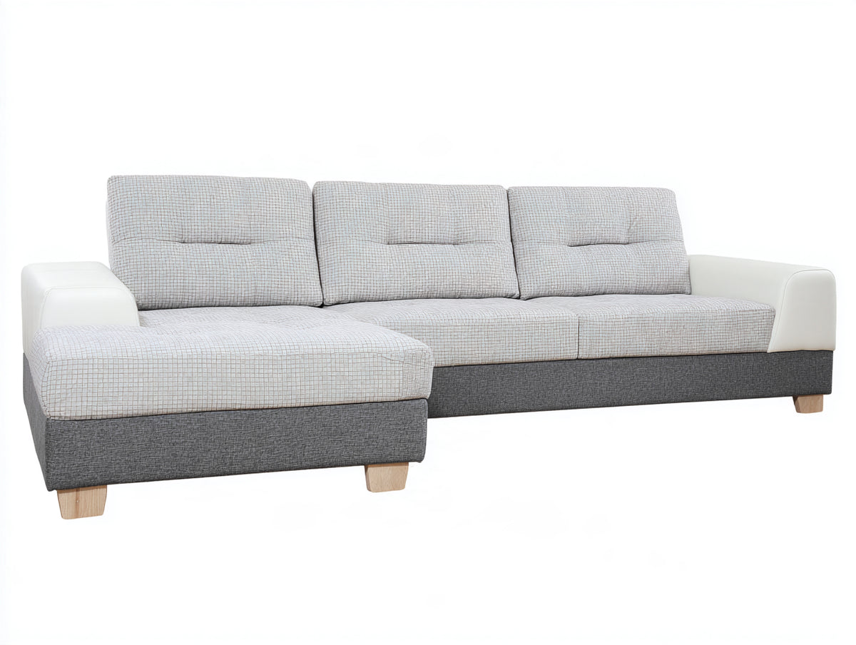 Divano angolare - Tessuto-Similpelle-Legno - 265x165x90 cm - Bianco-Grigio chiaro-Grigio scuro - Stile moderno