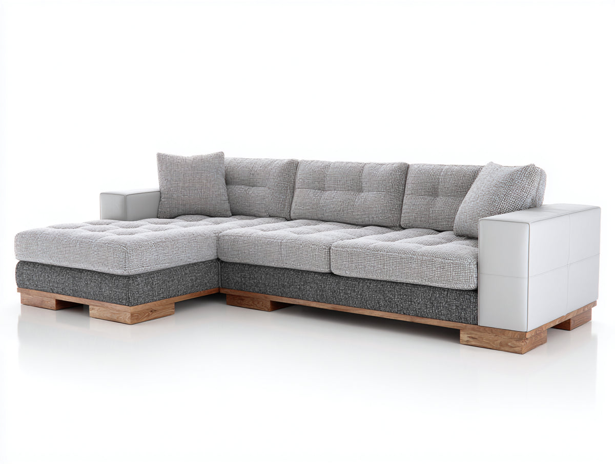 Divano angolare - Tessuto-Similpelle-Legno - 270x168x88 cm - Grigio chiaro-Grigio scuro-Bianco - Stile moderno
